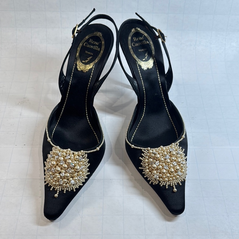 Rene Caovilla Black and Cream Heels with Elegant Crystal Details